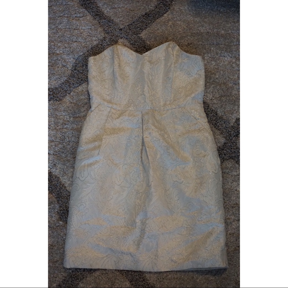 White and silver strapless dress